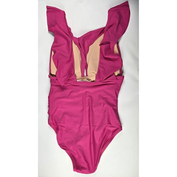 J Crew Women's Size 8 Ruched Ruffled Radiant Pink One Piece Swimsuit NWT BP222 - Picture 2 of 6